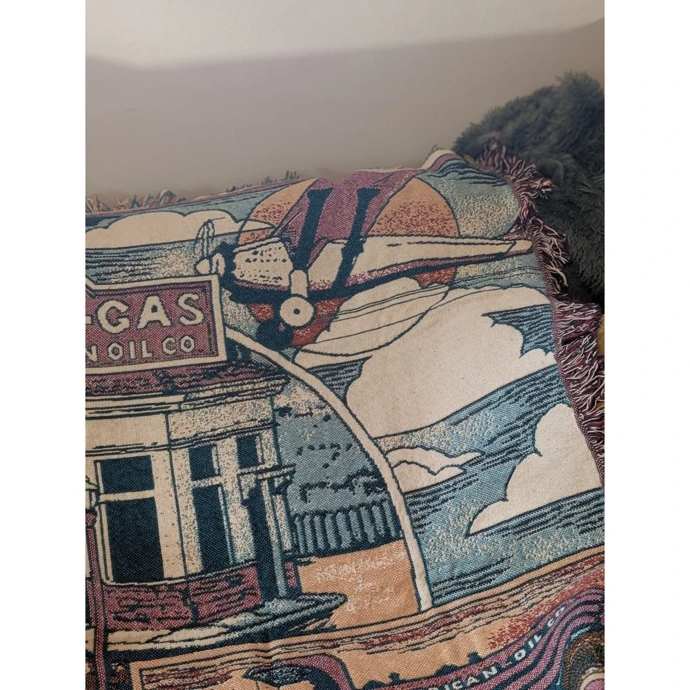 Vintage Amoco Gas Station Tapestry Fringe Throw Blanket American Oil Co Woven